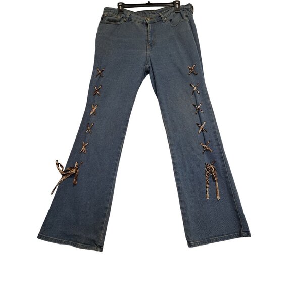 Vtg.90s Y2K Navi XL Bootcut Flare Jeans Boho 16-18 USA Funky Lace-Up Denim - Picture 1 of 16
